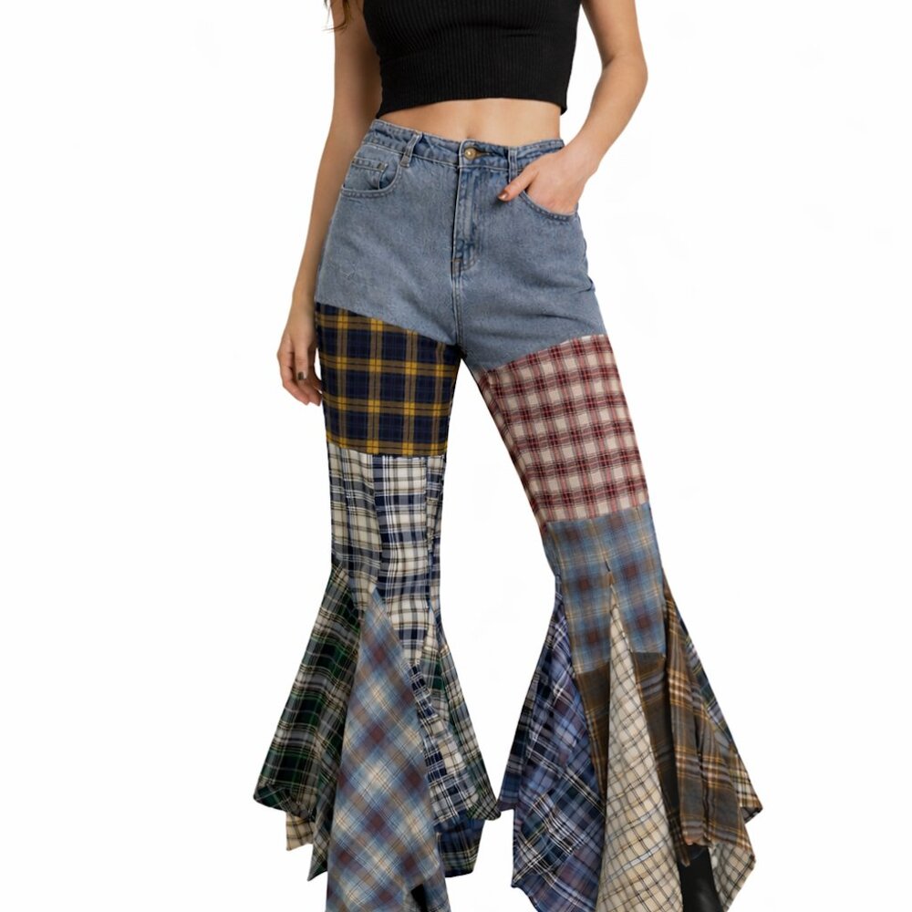 Rehab Lab Patchwork Plaid Flare Jeans M Y2K Grunge Boho Statement Denim